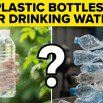 Are plastic bottles safe for drinking water? Split image showing a hand holding a plastic water bottle versus a pile of discarded plastic bottles with a question mark.