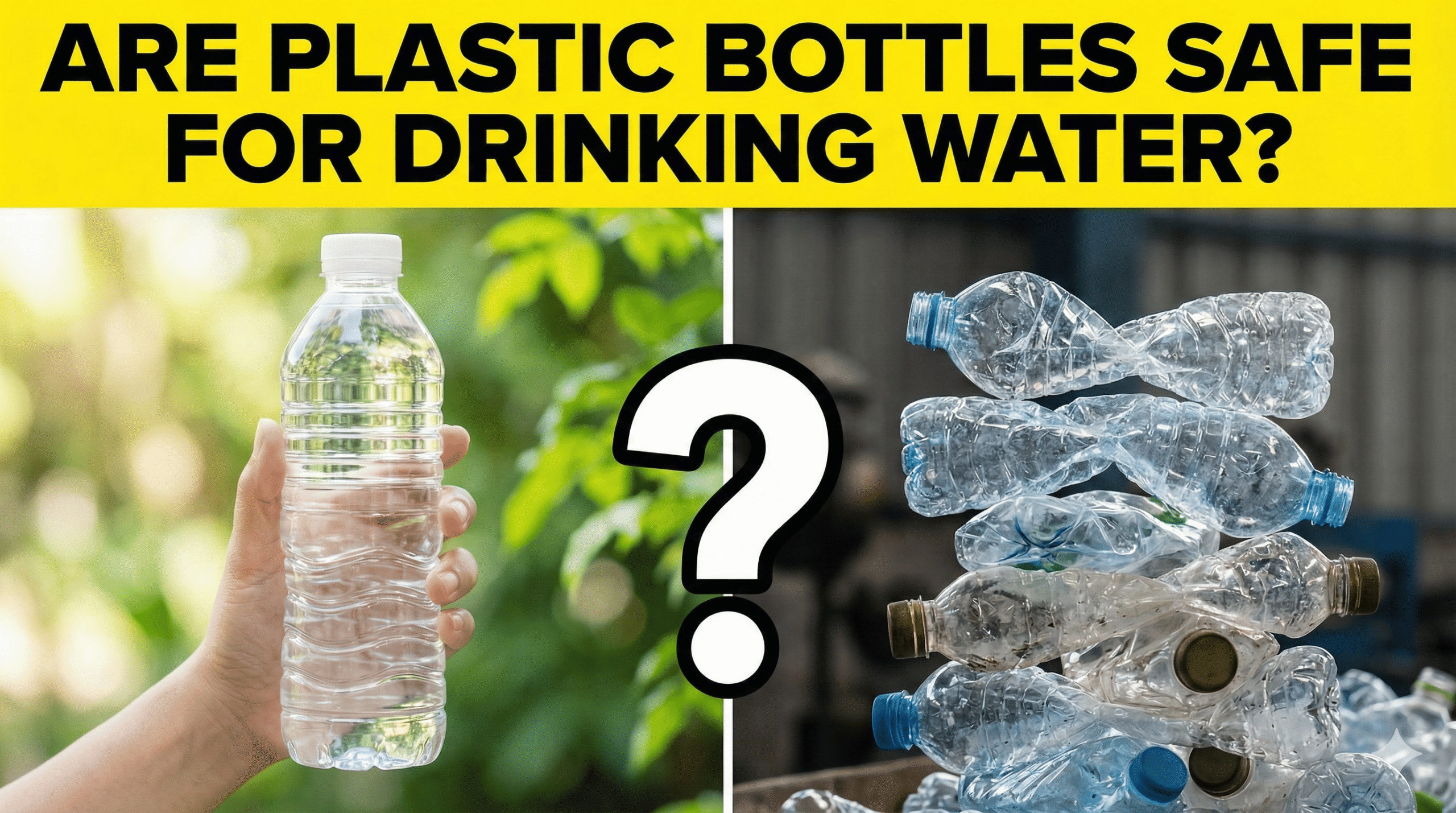 Are plastic bottles safe for drinking water? Split image showing a hand holding a plastic water bottle versus a pile of discarded plastic bottles with a question mark.