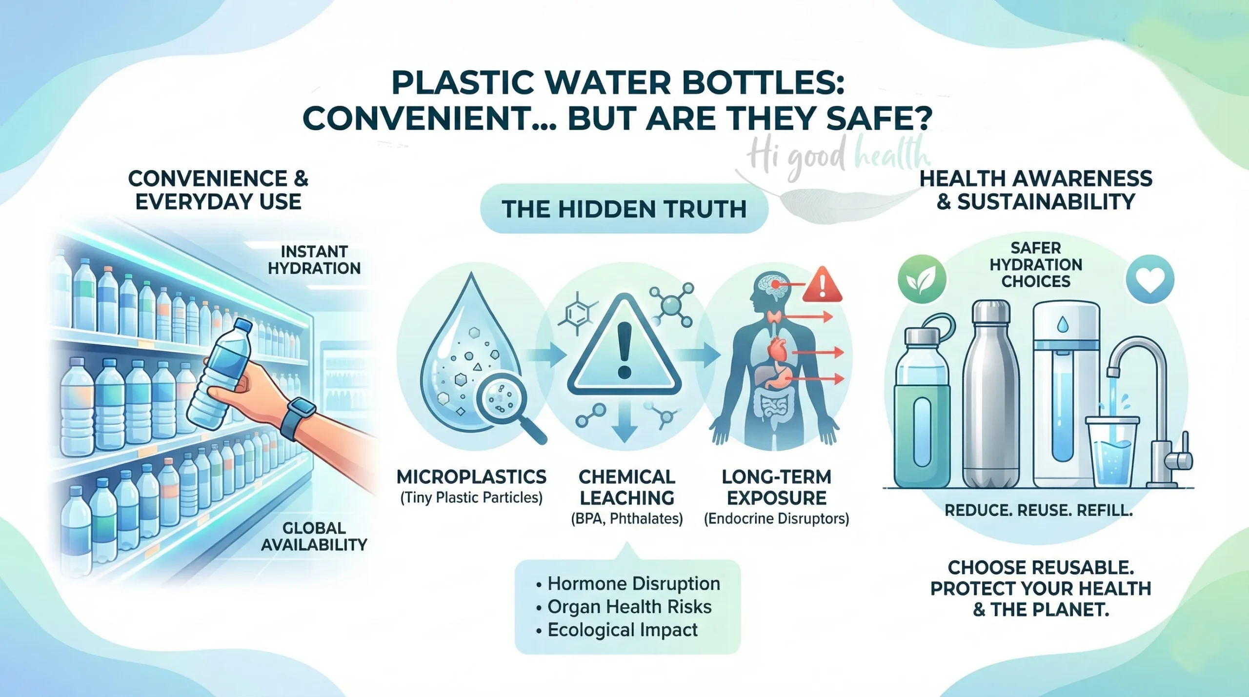 Plastic water bottle held in hand against green background, illustrating single-use PET plastic bottle safety concerns