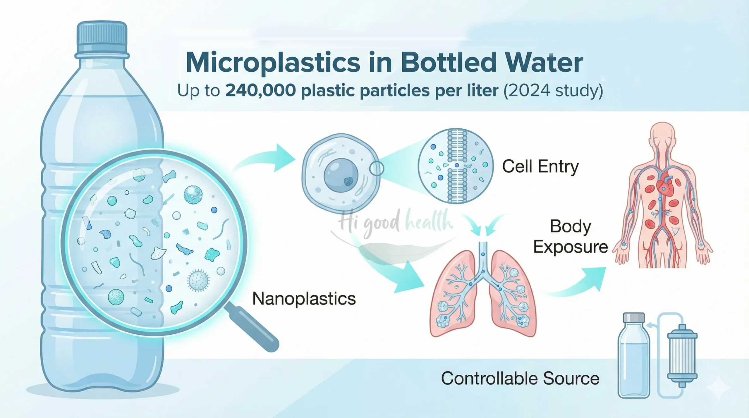 Microscopic microplastics particles found in bottled water, showing nanoplastics concern for human health