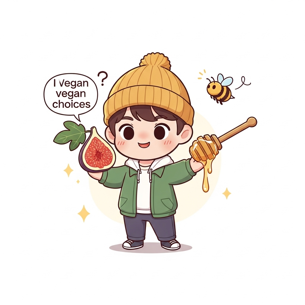 Jar of honey with dipper next to fresh figs on a wooden table, highlighting vegan debate.