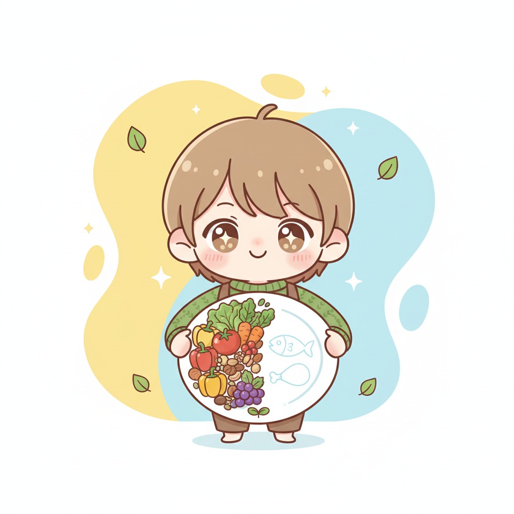 Assorted plant-based foods like legumes, grains, nuts, and vegetables as alternatives to meat and fish.