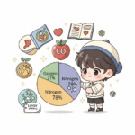 Concept art showing oxygen and nitrogen molecules in the atmosphere, highlighting their roles in human survival.