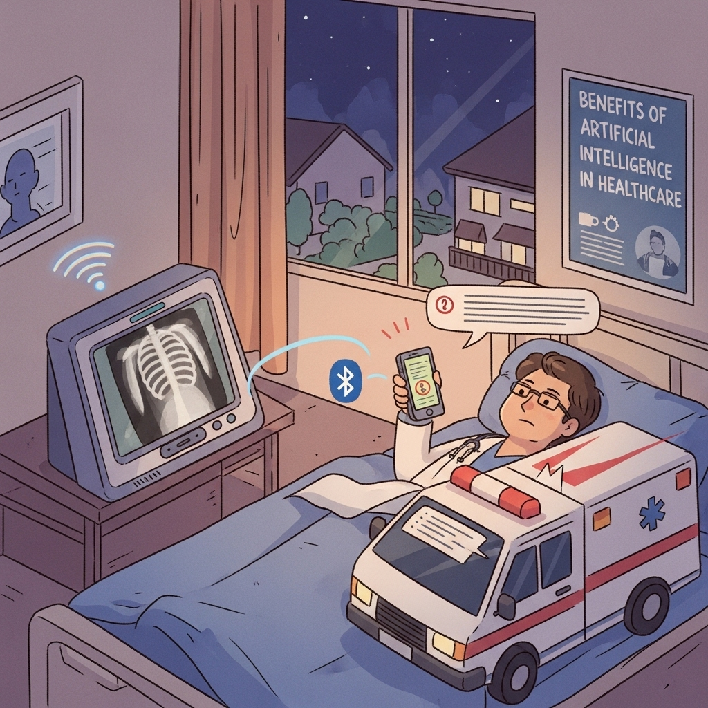 Doctor using AI-powered tablet to analyze patient data in a modern hospital, representing artificial intelligence in healthcare 2025